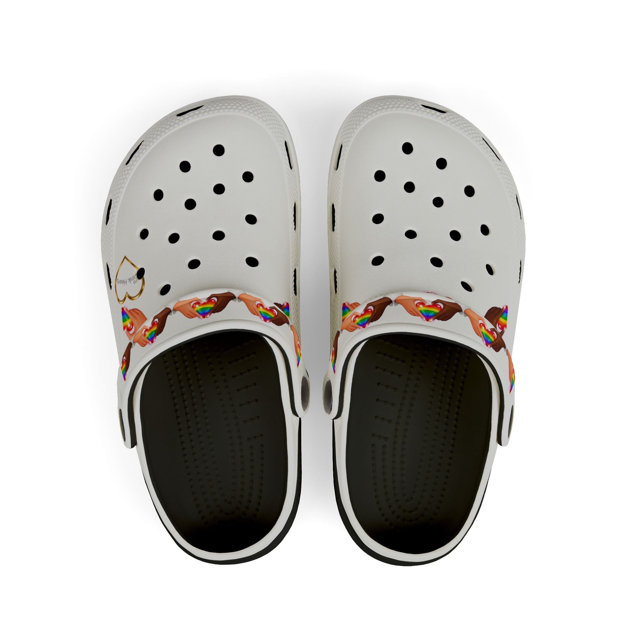 Link Hearts™ Rainbow Strap Clogs – Comfort Slip‑On Shoes with Heart Charm, Lightweight Unisex Foam Clogs, Inclusive Pride Footwear